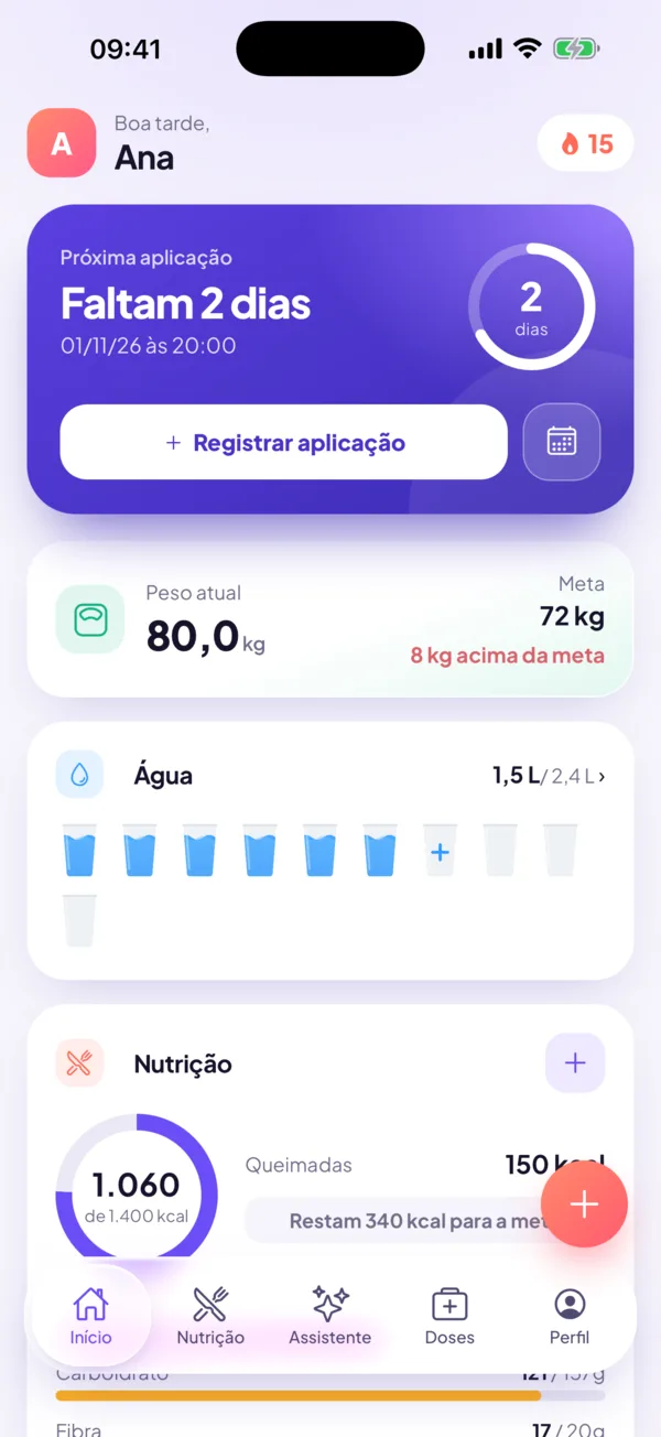 Resumo do dia com calorias, água e atividades