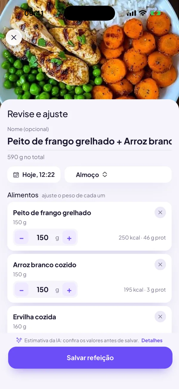 Análise de uma refeição por foto, com calorias e macronutrientes